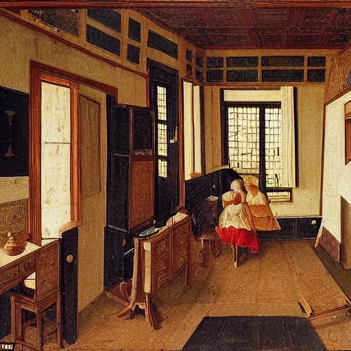 Prompt: very detailed interior of a building, bedroom of an artist in the style of Hugo van der Goes (1440–1483), Flemish painter