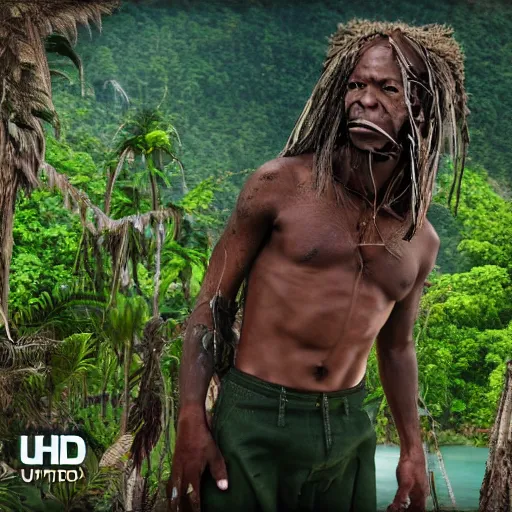 Image similar to king von footage, he still alive in sentinel island, smoke kratom, uhd, hyper realistic, 4 k, extremely detail, style by steve mccury and annie leibovitz