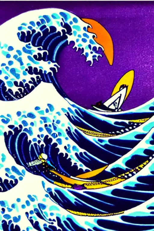 Image similar to an astronaut surfing the great wave off kanagawa on a purple surboard