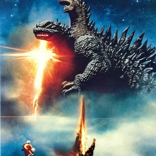 Prompt: Godzilla fighting Jesus Christ in Space