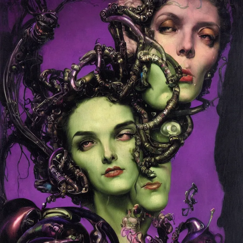 Prompt: a baroque neoclassicist close - up portrait of a retrofuturistic witch surrounded by dark lovecraftian technology. head, face and shoulders, deep green and purple foggy background. renaissance portrait painting. highly detailed science fiction painting by norman rockwell, frank frazetta, and syd mead. rich colors, high contrast, gloomy atmosphere, dark background. trending on artstation.