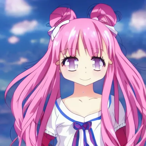 Image similar to pink - haired girl with blue ribbons in her hair, anime, kyoto animation, magical, sharp