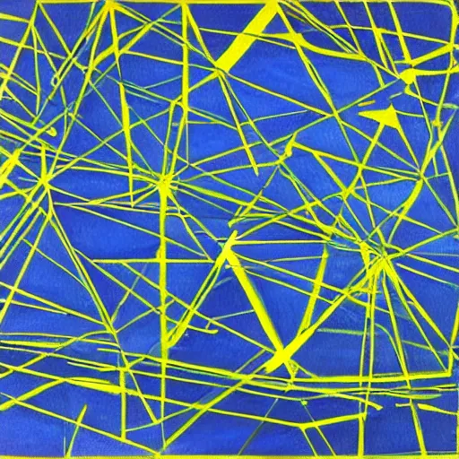 Prompt: painting of rectangle, triangle shapes ( blue, yellow, green ) divided by black lines