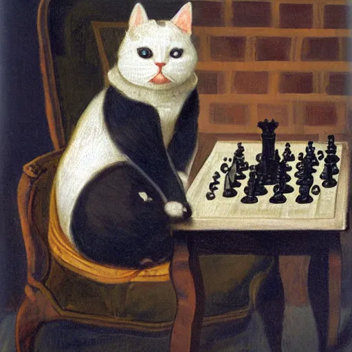 Image similar to cat playing chess looking wise, rococo oil painting