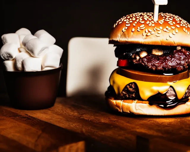 Prompt: dslr food photograph of burger with a few marshmallows in it, some chocolate sauce, 8 5 mm f 1. 4