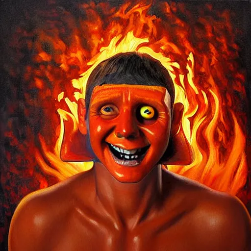 Image similar to a hyper realistic painting of a young fire - man, all face covered with a fire, coherent symmetrical eyes, cunning smile, by jeffrey smith, by andrea kowch, by steve henderson