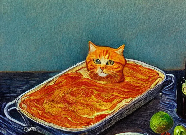 Image similar to detailed realistic realism painting of orange tabby cat eating lasagna at dusk, in the style of vincent van gogh and salvador dali and leonardo da vinci