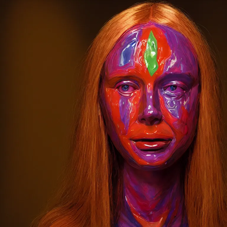 Prompt: studio photograph of colorful postmodern portrait sculpture of sissy spacek in carrie, beautiful symmetrical!! face accurate face detailed face realistic proportions, made of stained glass and silicone on a pedestal by ron mueck and matthew barney and greg rutkowski, hyperrealism cinematic lighting shocking detail 8 k