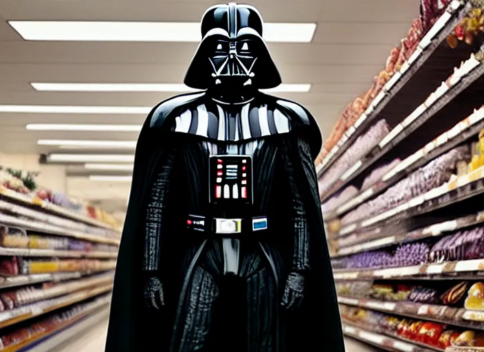 Image similar to film still of Darth Vader goes grocery shopping in the new Star Wars movie, 4k