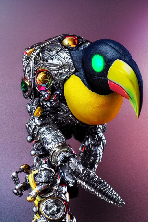 Image similar to a macro photo of a cyborg toucan miniature figurine, dynamic pose, chrome parts, intricate details, intricately detailed textures, warm lighting, vivid colors, realistic octane render, hyper realistic render, volumetric shading, depth of field, raytracing, 8 k,