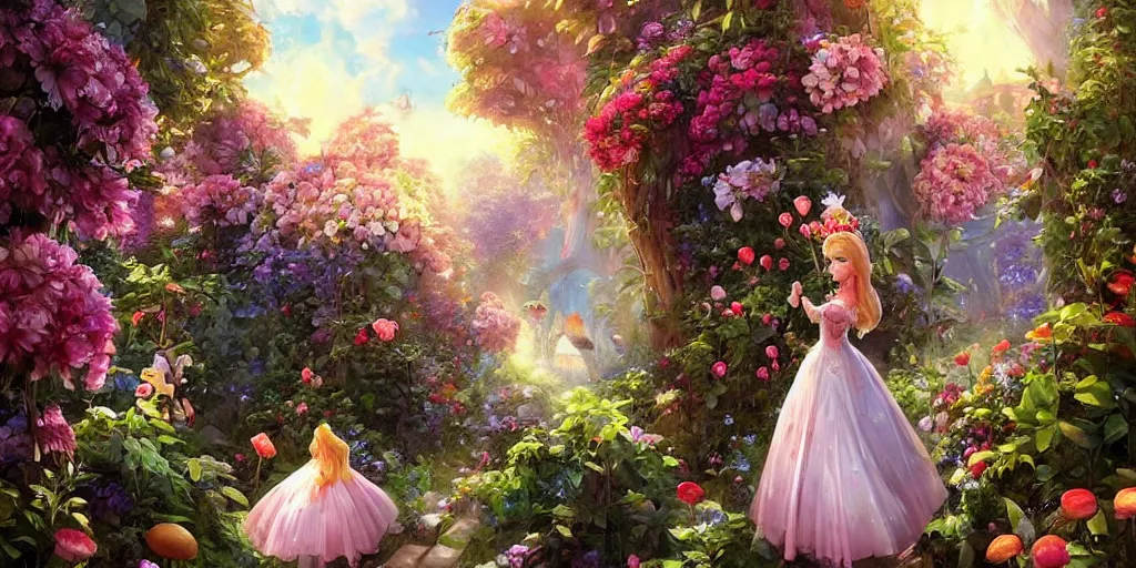 Prompt: Princess peach wandering through her hedge hedge garden of exotic flowers in the Mushroom Kingdom, giant mushrooms, and roses, from behind, streets, birds in the sky, sunlight and rays of light shining through trees, beautiful, solarpunk!!!, highly detailed, digital painting by Michael Garmash and Peter Mohrbacher