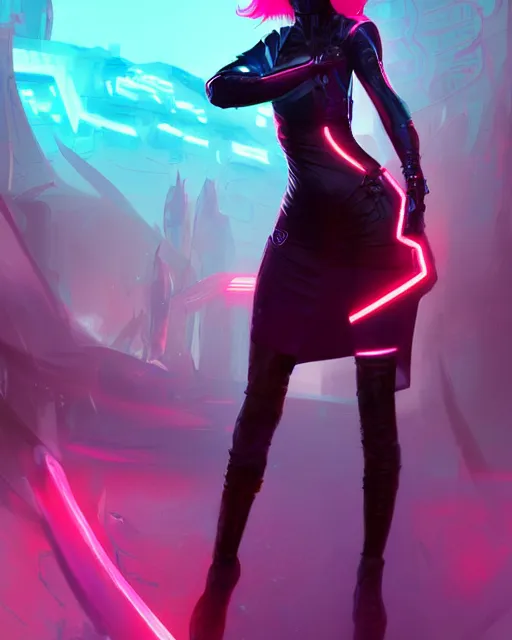 Prompt: Portrait of a futuristic rogue by Charlie Bowater, latex dress, gothic, short red hair, blue and pink rim lights, backlit, action pose, volumetric lighting, 8K, cyberpunk city backdrop, Artstation