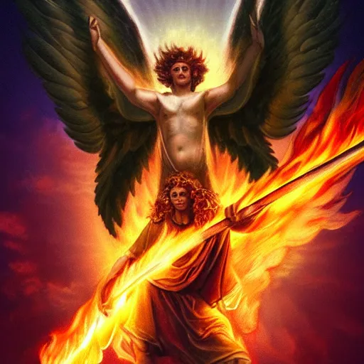 Prompt: epic portrait of an angel holding a flaming sword above his head, flying in the sky