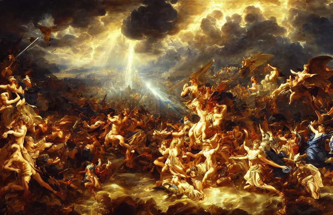 Prompt: expressive painting of the battle of angels and kingdoms, atmospheric light, cinematic composition, detailed scenic view, 8 k resolution, classicism style painting, intricate details