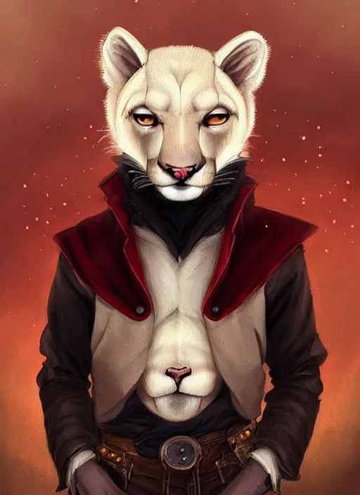 Image similar to beautiful portrait commission of a male furry anthro!!! albino mountain lion with dark red eyes and black nose markings wearing old-timey miner's clothes. Atmospheric. Character design by charlie bowater, ross tran, artgerm, and makoto shinkai, detailed, inked, western comic book art