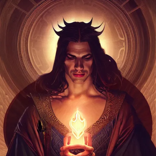 Prompt: attractive male deity, casting dark magic, summoning handsome lucifer morningstar, fantasy, intricate, elegant, highly detailed, digital painting, artstation, concept art, matte, sharp focus, illustration, art by artgerm and greg rutkowski and alphonse mucha