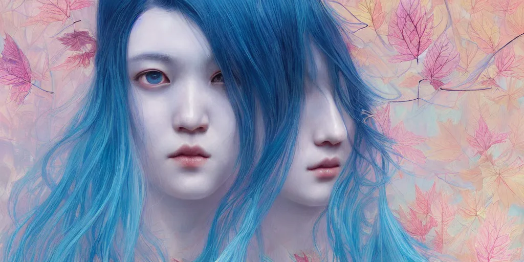 Image similar to breathtaking detailed concept art painting pattern with gradient pastel colors of blue hair faces goddesses amalgamation autumn leaves with anxious piercing eyes, by hsiao - ron cheng and james jean, bizarre compositions, exquisite detail, 8 k