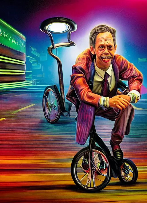 Image similar to hyperrealism steve buscemi riding a tricycle, light effect, hyper detailed, claymation, cartoon, detailed, realistic materials, sharp focus, synthwave, neon, modern