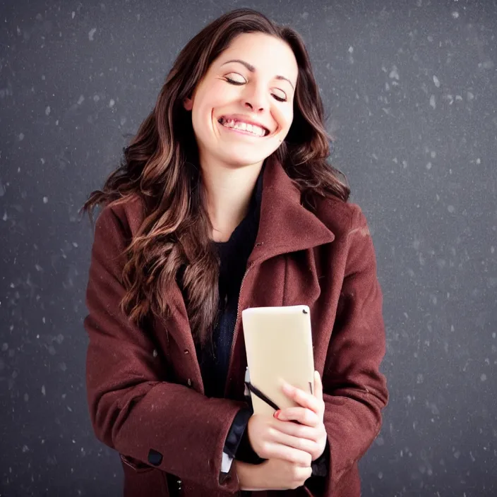 Prompt: a beautiful girl from minnesota, brunette, joyfully smiling at the camera with her eyes closed. thinner face, irish genes, dark chocolate hair colour, wearing university of minneapolis coat, perfect nose, morning hour, plane light, portrait, minneapolis as background. in her early 3 0