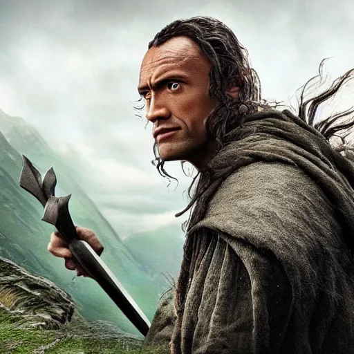 Prompt: the rock as a hobbit from lord of the rings, the rock in lotr, lord of the rings, the rock as frodo, 8k, high res, photo realistic