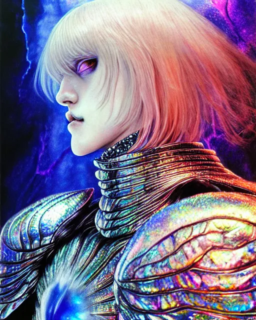 Image similar to realistic detailed image of ultra wrathful rainbow diamond iridescent mega griffith from berserk, depth perception, depth of field, action horror by ayami kojima, neo - gothic, gothic, part by adrian ghenie and gerhard richter. art by yoshitaka amano. masterpiece