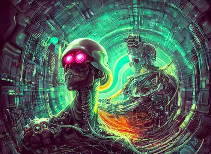 Image similar to a futuristic skull with glowing eyes and a wormhole tunnel cyberpunk art by android jones, cyberpunk art by dan mumford, featured on artstation, darksynth, synthwave