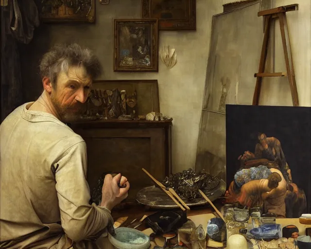 Image similar to an exhausted painter in his studio by edgar maxence and caravaggio and michael whelan, intricate painting, hyper realistic, extremely detailed and beautiful aesthetic face, 8 k resolution