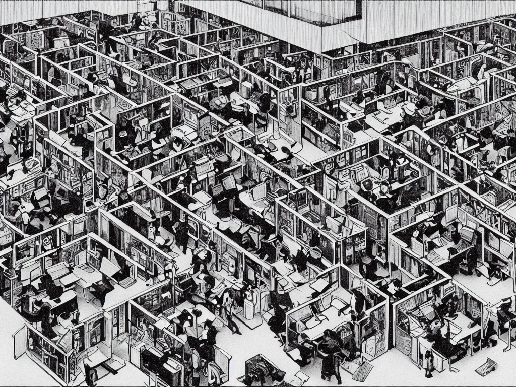 Prompt: madness in 90s cubicle office by M.C. Escher