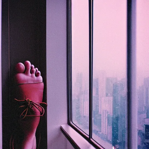 Prompt: woman with her feet on window of high rise condo. Raining outside. Cinestill 800t.