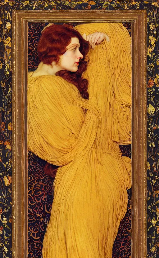 Prompt: preraphaelite full body reclining portrait photography masterpiece hybrid of judy garland and florence welch, foreshortening, brown hair fringe, yellow ochre ornate medieval dress, kilian eng and william holman hunt, frederic leighton, ford madox brown, william morris, framed, 4 k