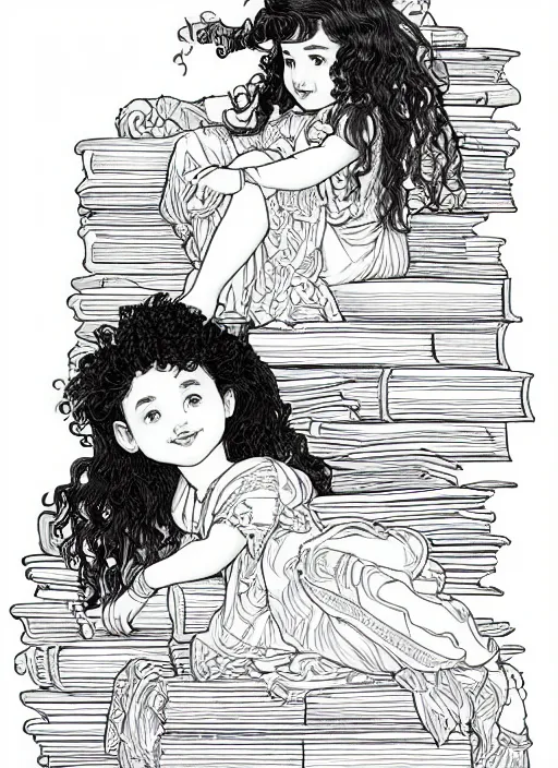 Image similar to clean simple line art of a little girl with wavy curly hair sitting on a tall pile of books. well composed, clean coloring book page, beautiful detailed face. coloring book line art by greg rutkowski and johanna basford and alphonse mucha