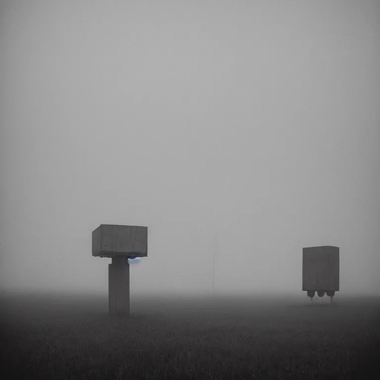 Image similar to the tall thin liminal observer droid by dennis mejillones, in a brutalist yet rural landscape by simon stalenhag, 3 5 mm film photography, dawn, eerie fog