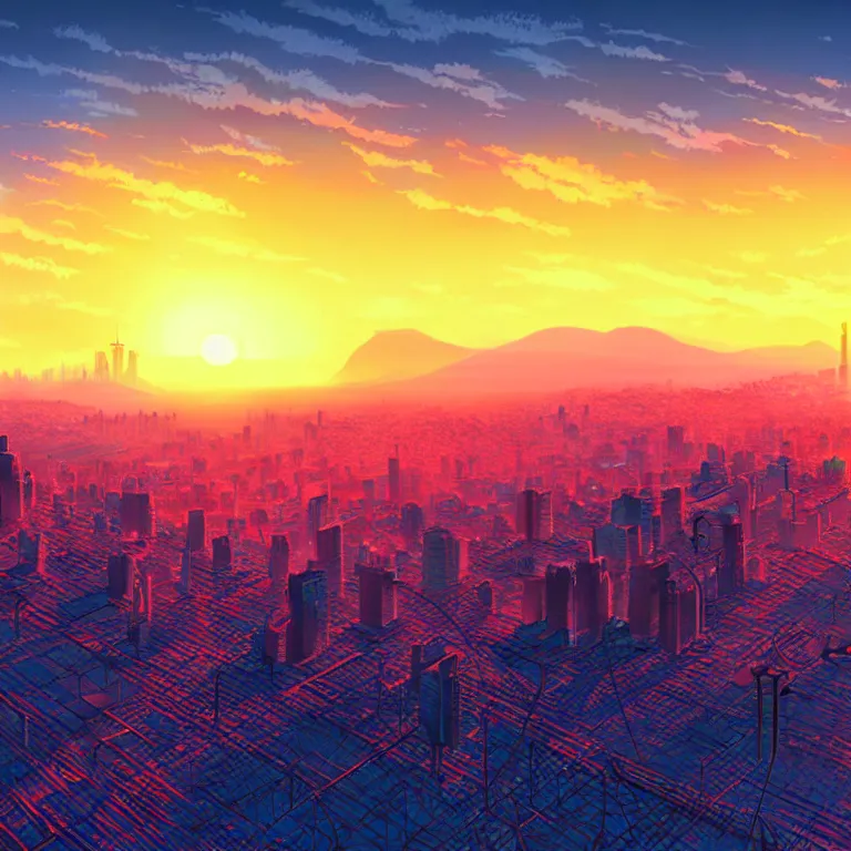 Image similar to birdseye view of a sunrise over a city, art by yoshitaka amano and alena aenami, cityscape