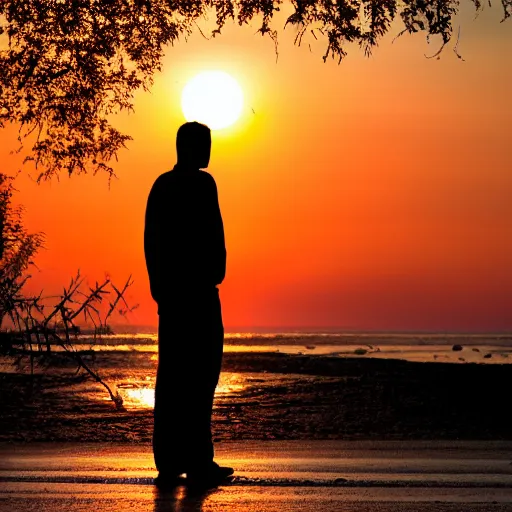 Prompt: a silhouette of a man staring at a sunrise,