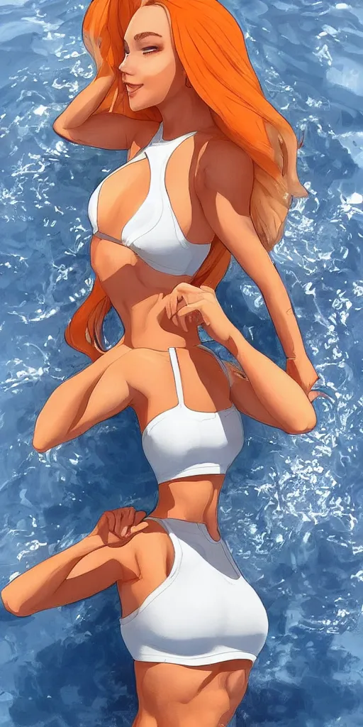Image similar to a beautiful, very fit woman with long blonde hair wearing a white crop top and orange athletic shorts stands by a swimming pool, in the style of artgerm, trending on artstation