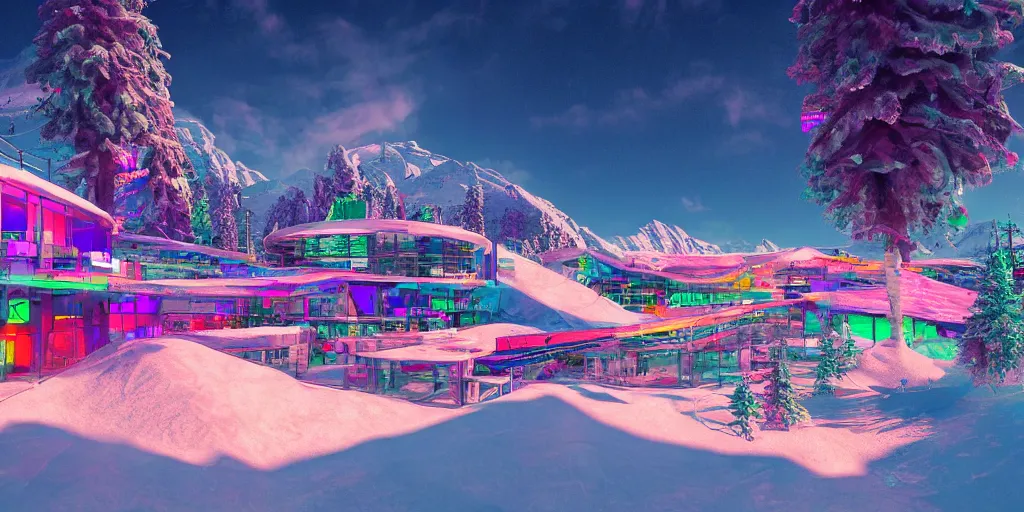 Prompt: psychedelic ski resort, concept art, architectural plans, synthwave, 4 k render, ray tracing, detailed