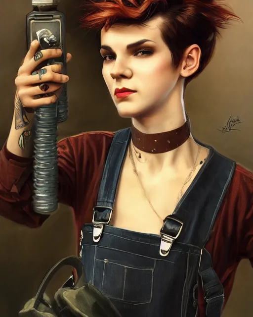 Image similar to a full body portrait of a beautiful androgynous punk girl with short hair and beautiful eyes, beautiful face, wearing tall combat boots, who is a mechanic wearing overalls carrying a bag, digital concept art, detailed digital painting, by j. c. leyendecker and edward blair leighton and charlie bowater, trending on artstation