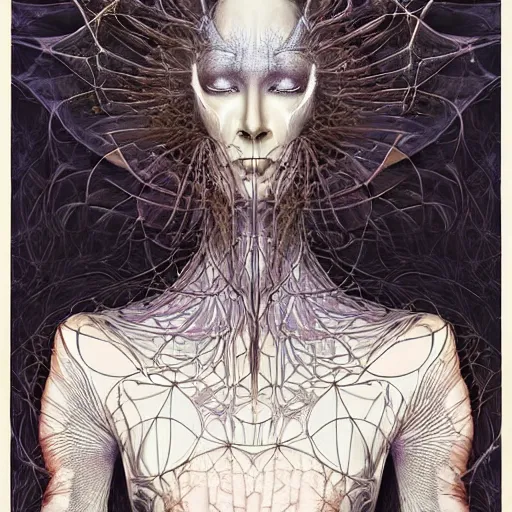 Prompt: psychic entity by alexander mcqueen, zdzisław beksinski and alphonse mucha. highly detailed, hyper - real, very beautiful, intricate fractal details, very complex, opulent, epic, mysterious, trending on deviantart and artstation, polished and minimalist redesign by zaha hadid and iris van herpen