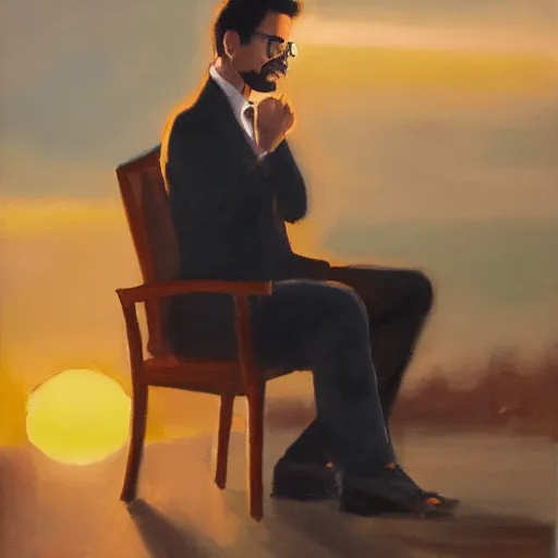 Prompt: oil painting of tony stark wiping his glasses, sitting in an armchair in a room with the setting sun, golden hour