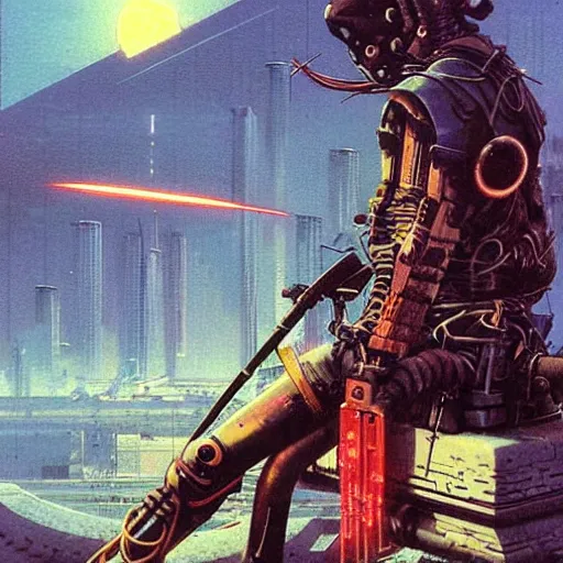 Prompt: cyberpunk ninja, art by bruce pennington