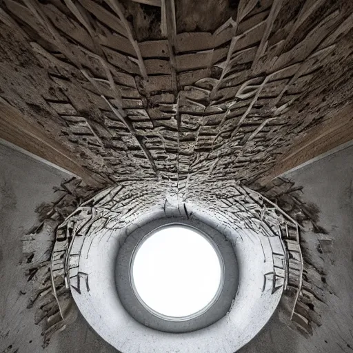 Image similar to a twisted tree growing in an abandoned brutalist bunker, in the round, skylight with light shining down, snow falling through skylight, photorealistic