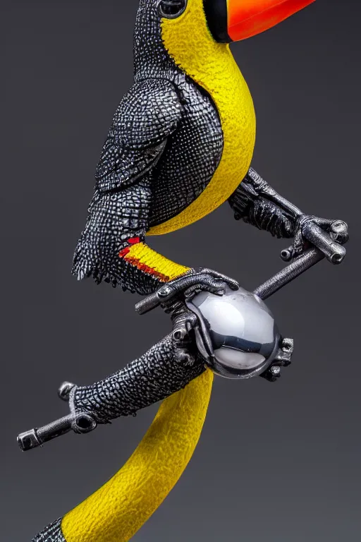 Prompt: a macro photo of a cyborg toucan miniature figurine, dynamic pose, chrome parts, glowing power source, intricate details, intricately detailed textures, warm lighting, vivid colors, realistic octane render, hyper realistic render, volumetric shading, depth of field, raytracing, 8 k,