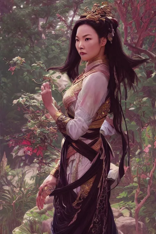 Prompt: mingna wen portrait, wuxia, fantasy, elegant, intricate, by stanley artgerm lau, greg rutkowski, thomas kindkade, alphonse mucha, loish, norman rockwell