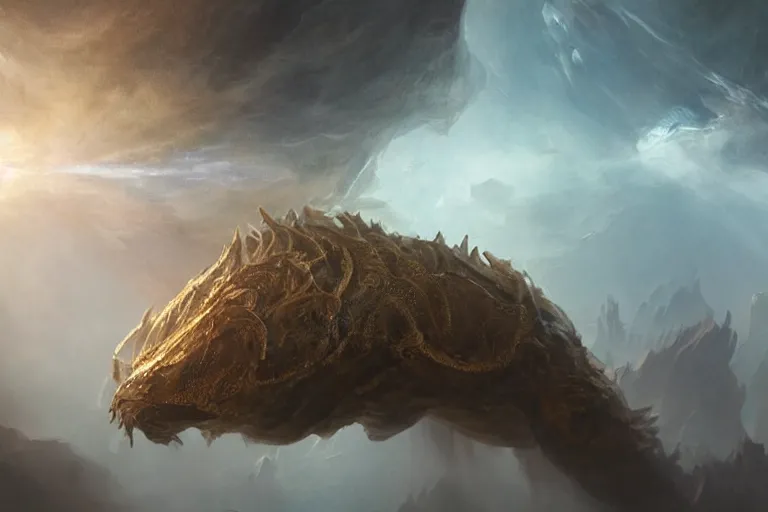 Image similar to ultra realist soft painting of a single eldrich gigantic creature, floating in the depth of space, very intricate details, dense fog, golden ratio, volumetric cinematic lighting, reflections, refractions, symmetry accurate anatomy features, omnious background, unreal render