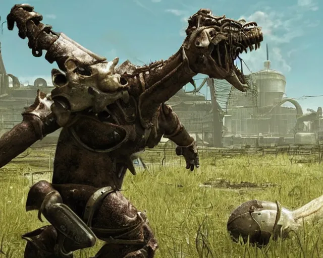 Image similar to screenshot from fallout 3 of shrek fighting a deathclaw, ray tracing, photorealistic graphics, nuka cola factory, swamp vs radiation,