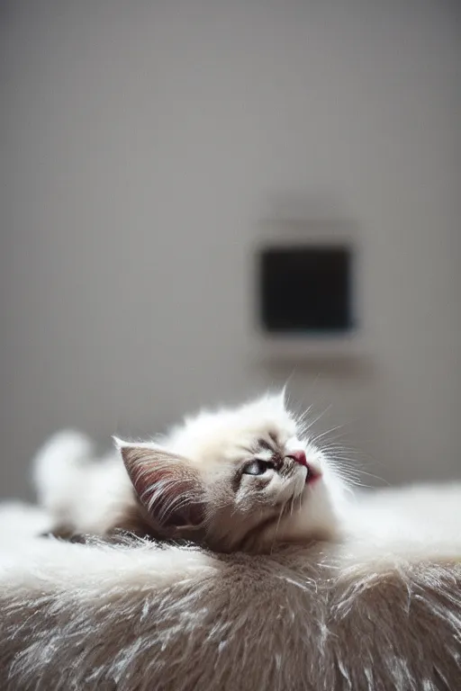 Image similar to “ fluffy kitten lying on cat tree, cotton, dim lighting, extremely high quality, leica m - a, lux 3 5 fle, portra 8 0 0 ”