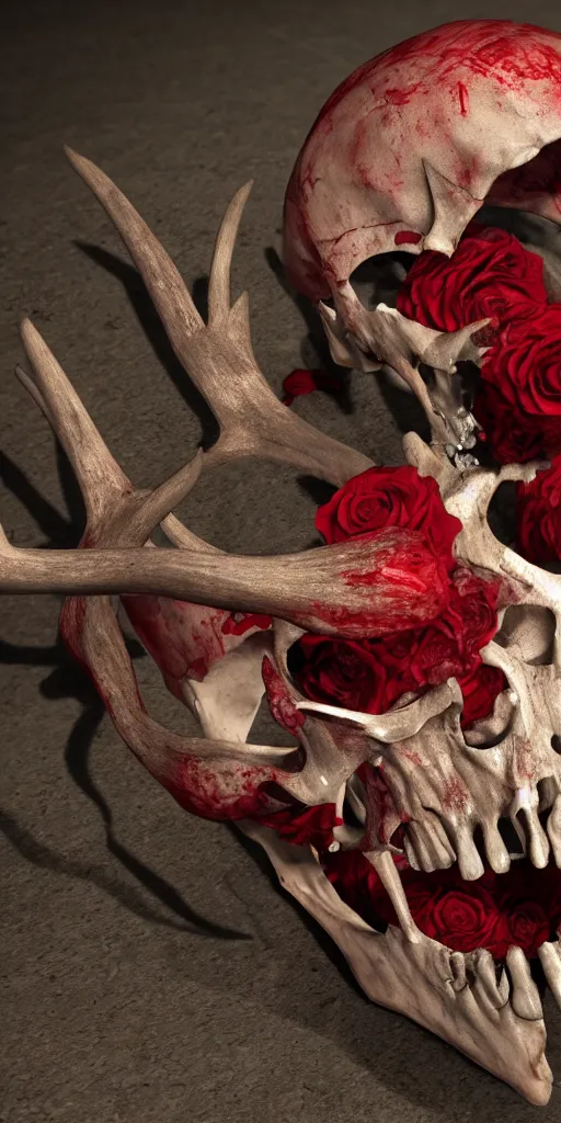 Prompt: blood dipping from a rose and growing out of a deer skull, unreal engine, realistic lighting, 4k, hyper realism