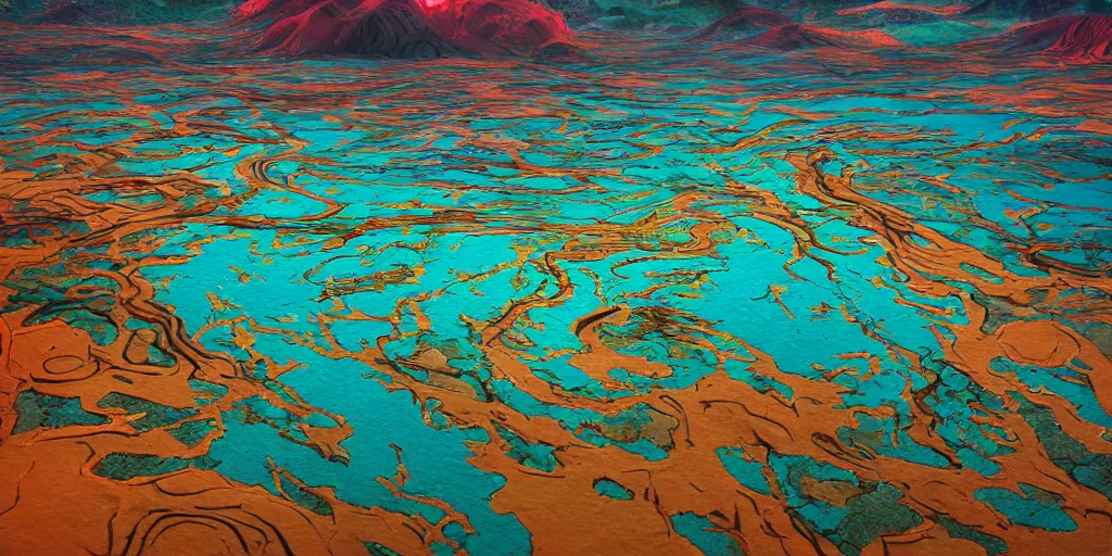 Image similar to abstract 3d landscape painting with a meandering river at noon by james jean and David Schnell painted in no mans sky style, redshift, octane