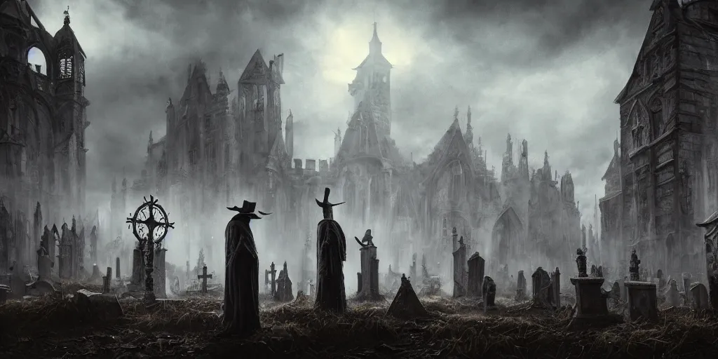 Prompt: A fancy landscape of a Medieval Graveyard with a plague doctor in the middle by Greg Rutkowski, Sung Choi, Mitchell Mohrhauser, Maciej Kuciara, Johnson Ting, Maxim Verehin, Peter Konig, Bloodborne, 8k photorealistic, cinematic lighting, HD, high details, dramatic, dark atmosphere, trending on artstation