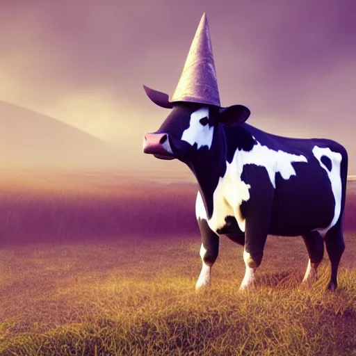 Prompt: a detailed matte painting of a cow standing in a grassy field wearing a witch hat, cow wearing hat!!!! viewed in profile, glowing flying insects and fog in the background, black and blue color scheme with gold highlights, in the style of discworld and harry potter, 8 k, octane render